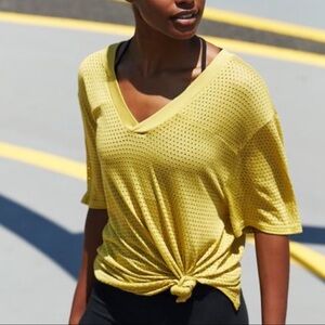 Free People Yellow V-Neck Short Sleeve Mesh Tee